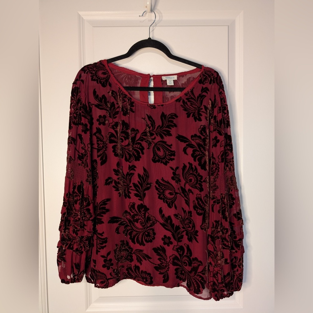 Sundance Burgundy Red Garden Flourish Velvet Top Size Medium
